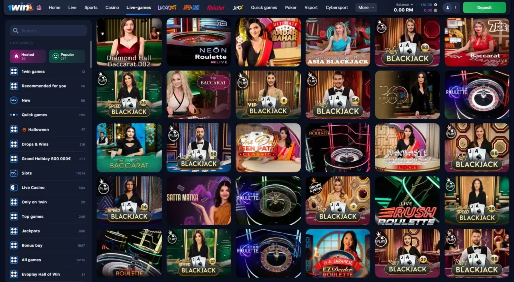 Juegos con crupier en vivo en el Casino 1WIN