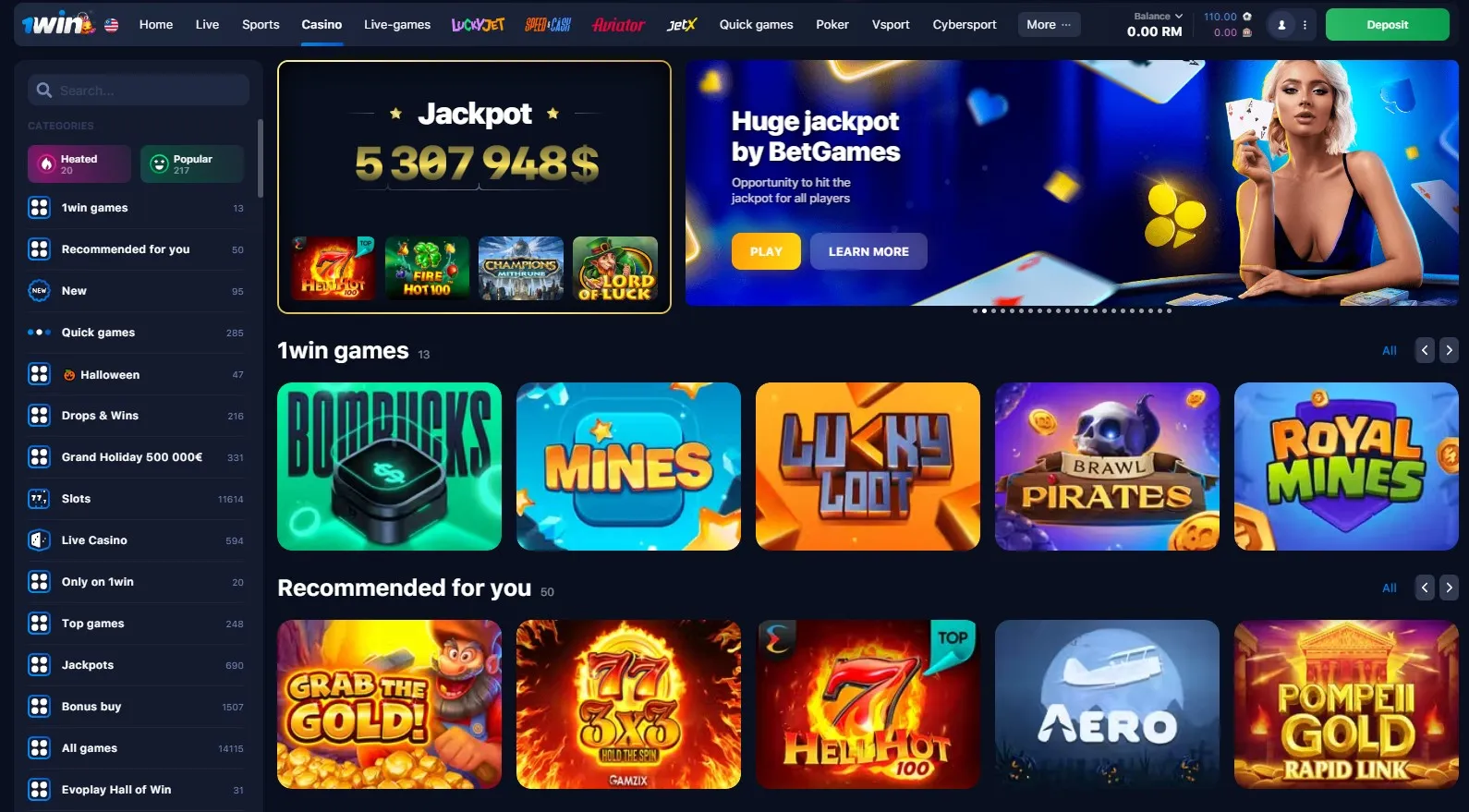 Lobby de juegos de casino en l铆nea 1WIN